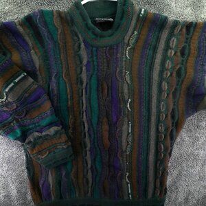 COOGI Pure New Wool Sweater Green Purple Pullover Knit Soft Large Australia Men